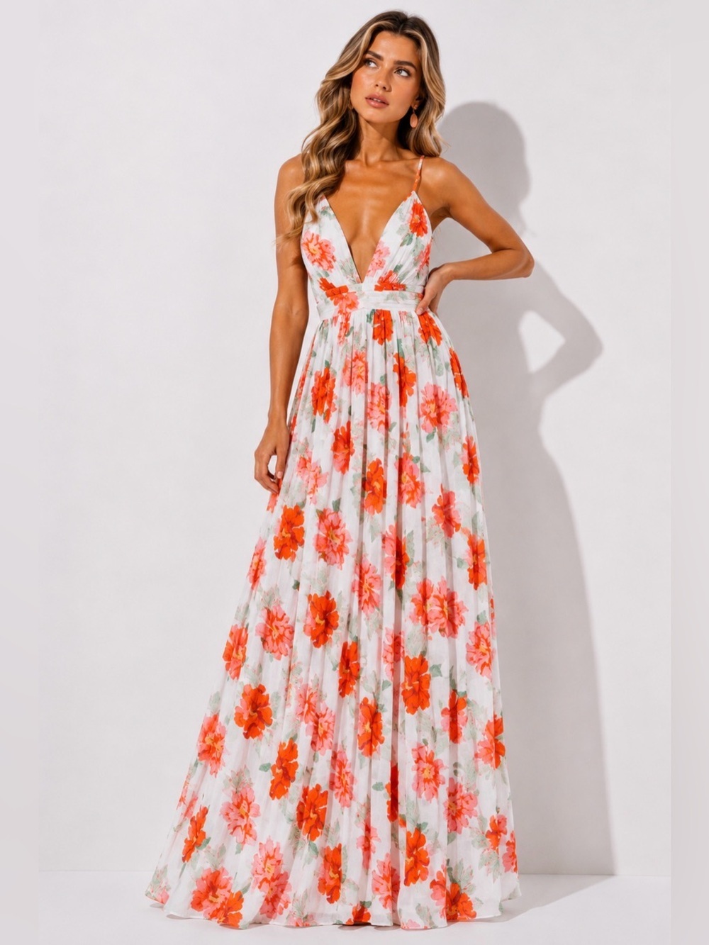 Red Pink Floral Maxi Dress Deep V Neck Wedding Guest
